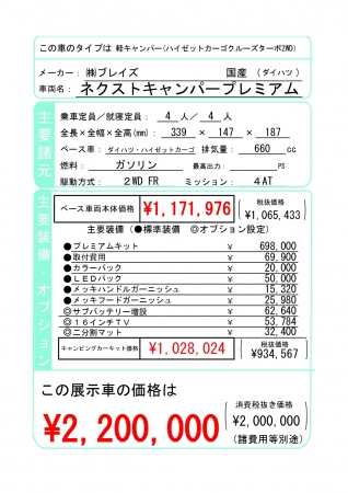 内訳軽キャンCar220万円！展示車を特化販売